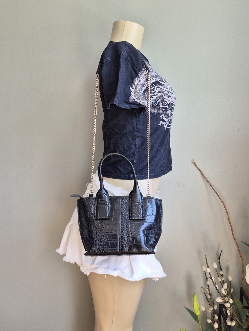 ZARA Black Croc-Embossed Mini Bag with Chain Strap